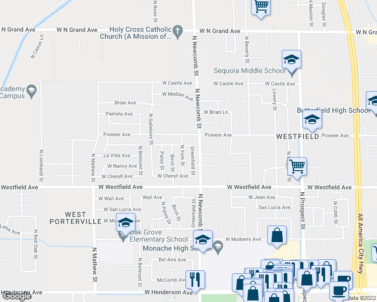 map of restaurants, bars, coffee shops, grocery stores, and more near 1321 North Greenfield Street in Porterville