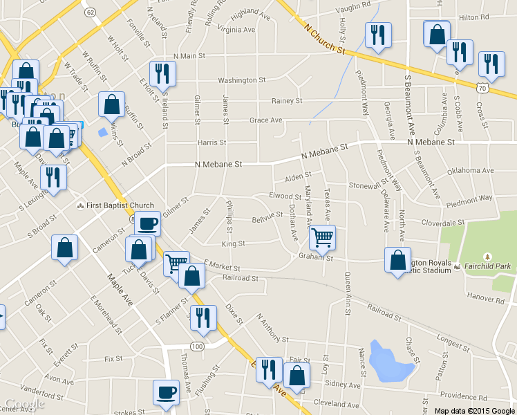 map of restaurants, bars, coffee shops, grocery stores, and more near 937 Graham Street in Burlington