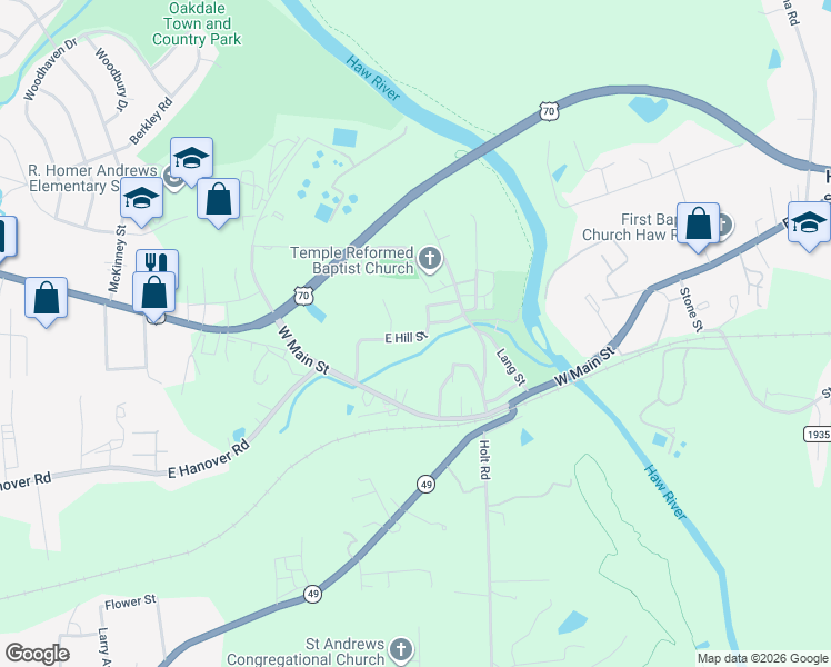 map of restaurants, bars, coffee shops, grocery stores, and more near 136 East Hill Street in Haw River