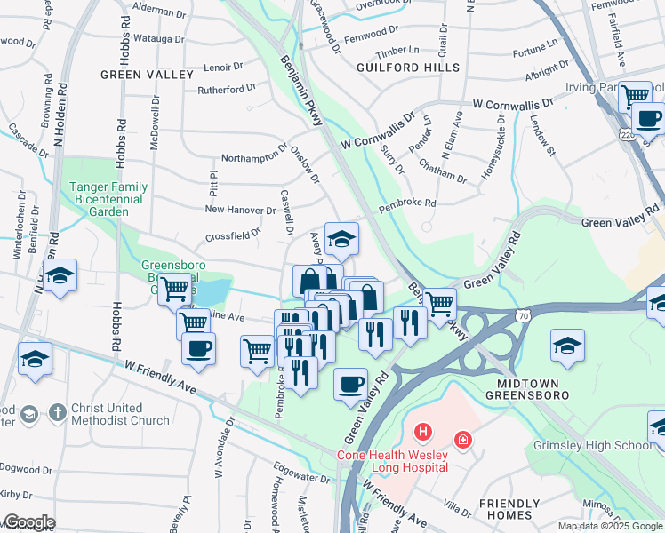 map of restaurants, bars, coffee shops, grocery stores, and more near 2604 Fairway Drive in Greensboro