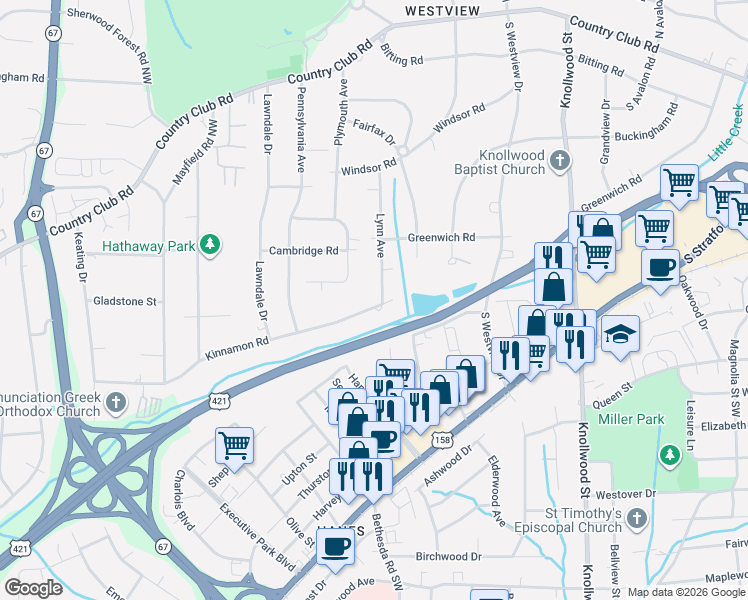 map of restaurants, bars, coffee shops, grocery stores, and more near 450 Lynn Avenue in Winston-Salem