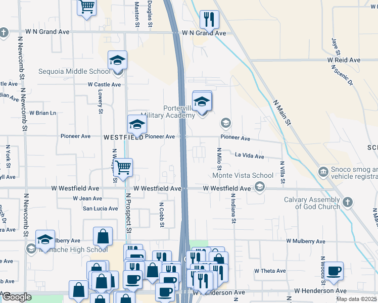 map of restaurants, bars, coffee shops, grocery stores, and more near 1341 North Cloverleaf in Porterville