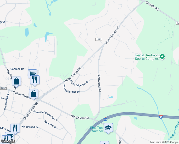 map of restaurants, bars, coffee shops, grocery stores, and more near 955 Kaye Gibbons Court in Kernersville