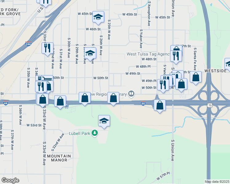 map of restaurants, bars, coffee shops, grocery stores, and more near 2339 West 51st Street in Tulsa