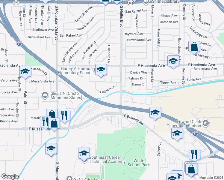 map of restaurants, bars, coffee shops, grocery stores, and more near 4925 Elaina Avenue in Las Vegas