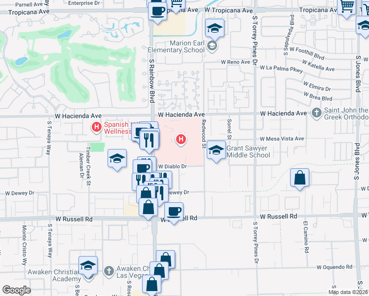 map of restaurants, bars, coffee shops, grocery stores, and more near 5400 South Rainbow Boulevard in Las Vegas