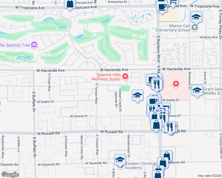 map of restaurants, bars, coffee shops, grocery stores, and more near 7236 Winding Creek Drive in Las Vegas