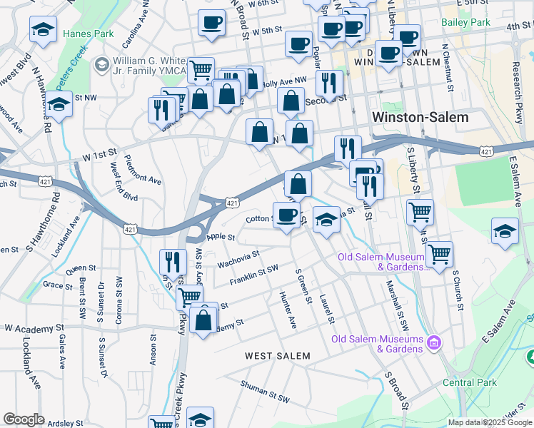 map of restaurants, bars, coffee shops, grocery stores, and more near Cotton Street Southwest in Winston-Salem