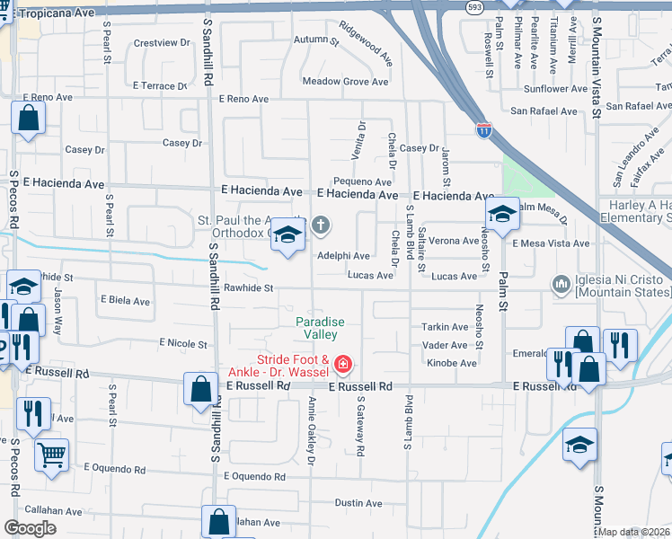 map of restaurants, bars, coffee shops, grocery stores, and more near 4050 Lucas Avenue in Las Vegas