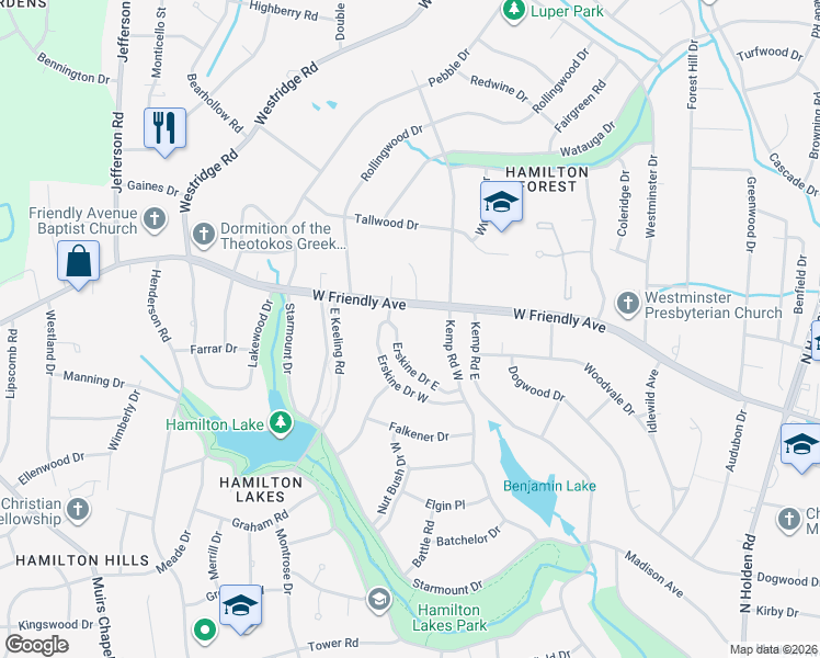 map of restaurants, bars, coffee shops, grocery stores, and more near 204 Erskine Drive in Greensboro
