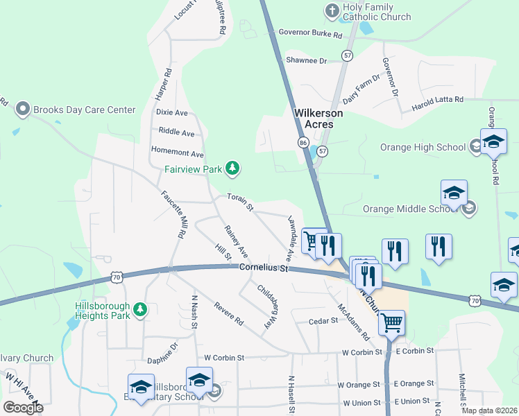 map of restaurants, bars, coffee shops, grocery stores, and more near 179 Lawndale Avenue in Hillsborough