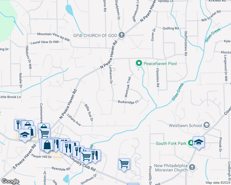 map of restaurants, bars, coffee shops, grocery stores, and more near 401 Lynhaven Drive in Winston-Salem