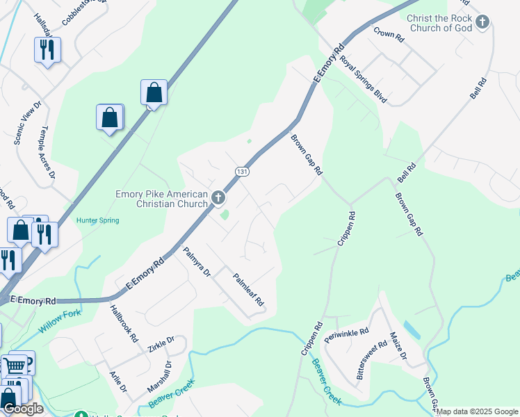 map of restaurants, bars, coffee shops, grocery stores, and more near 7416 Thomas Lane in Knoxville