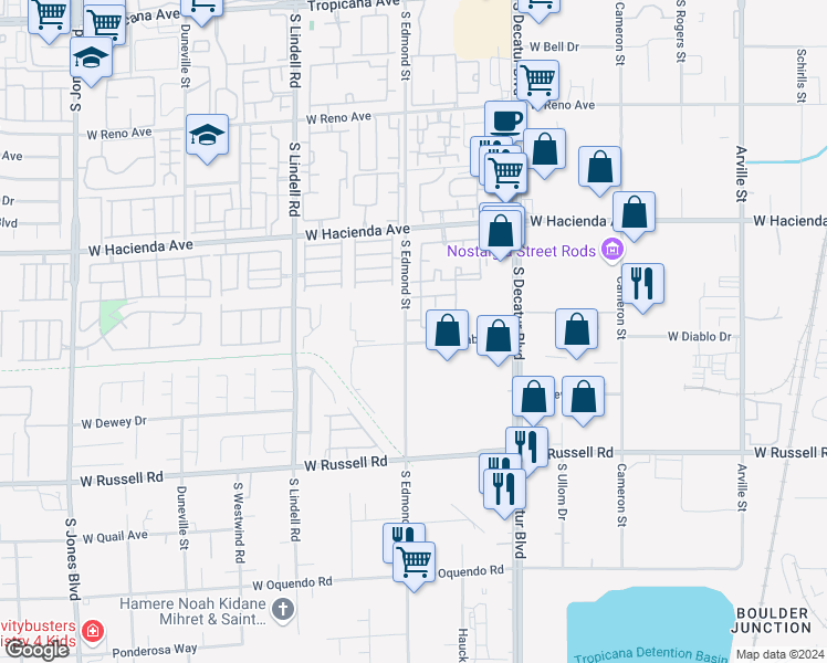 map of restaurants, bars, coffee shops, grocery stores, and more near 5055 West Hacienda Avenue in Las Vegas