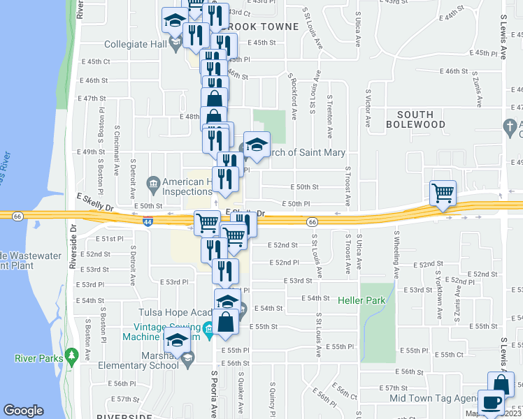 map of restaurants, bars, coffee shops, grocery stores, and more near 1347 East Skelly Drive in Tulsa