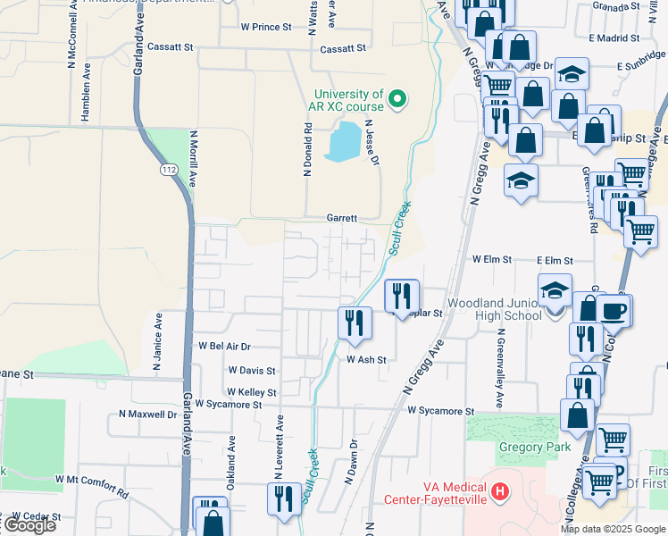 map of restaurants, bars, coffee shops, grocery stores, and more near 2090 North Chestnut Avenue in Fayetteville