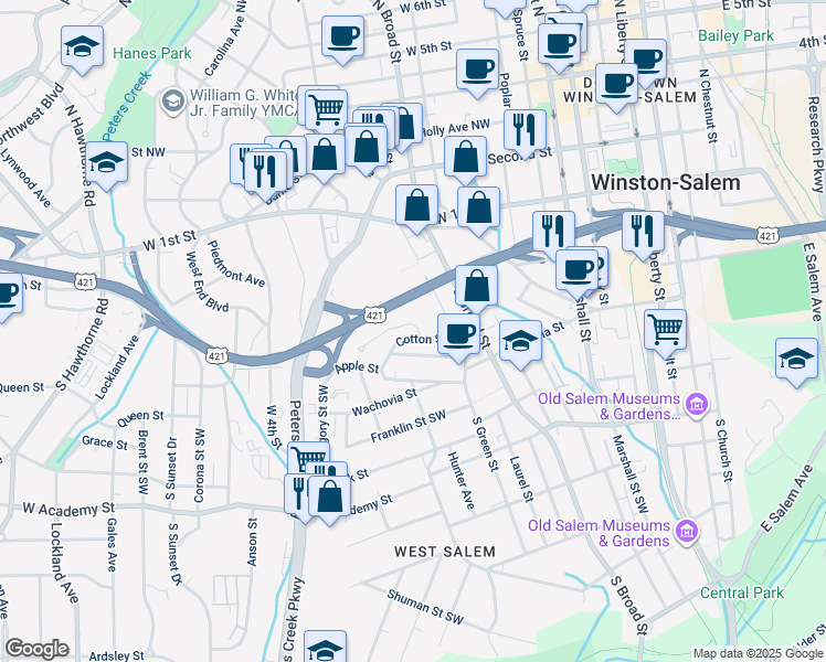 map of restaurants, bars, coffee shops, grocery stores, and more near 951 Cotton Street Southwest in Winston-Salem