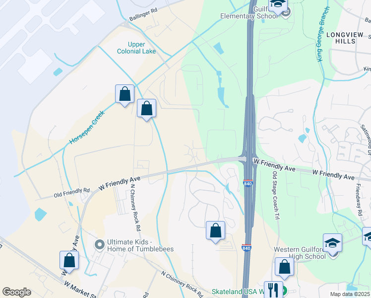 map of restaurants, bars, coffee shops, grocery stores, and more near 7106 West Friendly Avenue in Greensboro