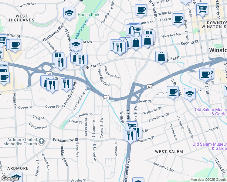 map of restaurants, bars, coffee shops, grocery stores, and more near 120 Crafton Street in Winston-Salem
