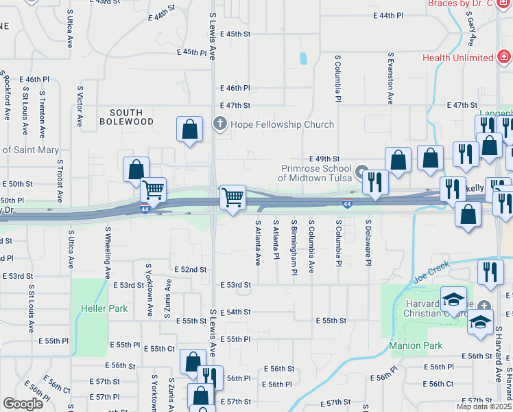 map of restaurants, bars, coffee shops, grocery stores, and more near 2431 East 51st Street in Tulsa