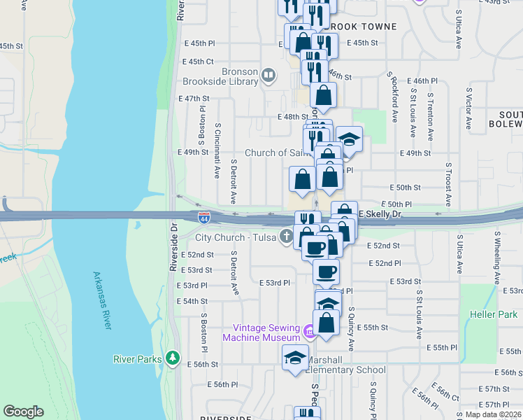 map of restaurants, bars, coffee shops, grocery stores, and more near 4984 South Norfolk Avenue in Tulsa