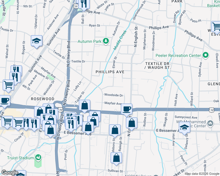 map of restaurants, bars, coffee shops, grocery stores, and more near 1910 Taylor Street in Greensboro
