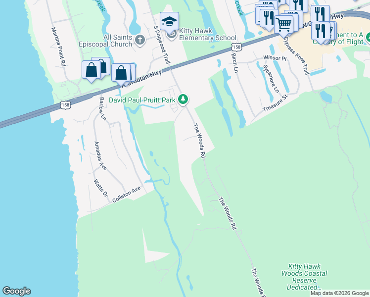 map of restaurants, bars, coffee shops, grocery stores, and more near 5205 Greenville Ln in Kitty Hawk