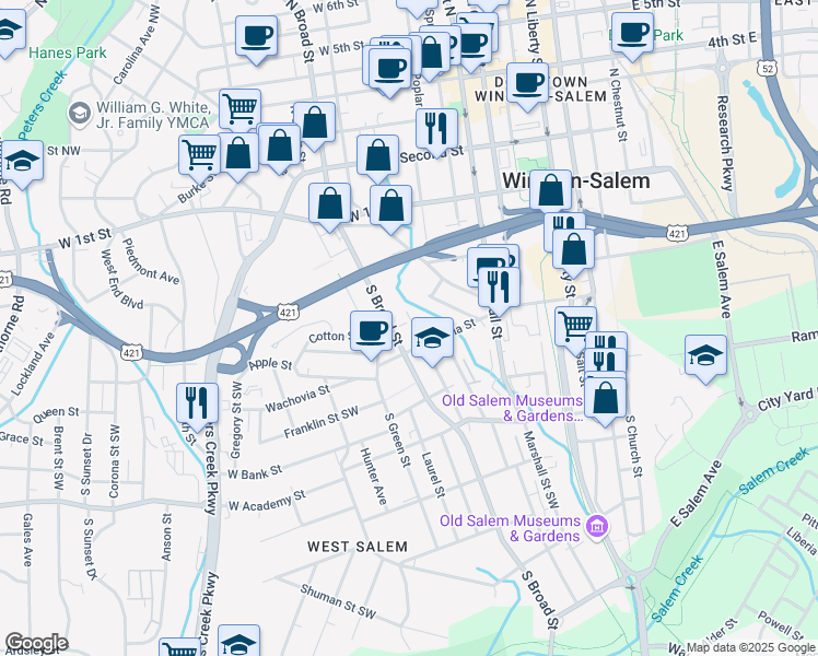 map of restaurants, bars, coffee shops, grocery stores, and more near 310 South Spring Street in Winston-Salem