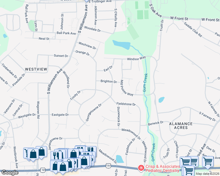 map of restaurants, bars, coffee shops, grocery stores, and more near 205 Georgetowne Drive in Elon