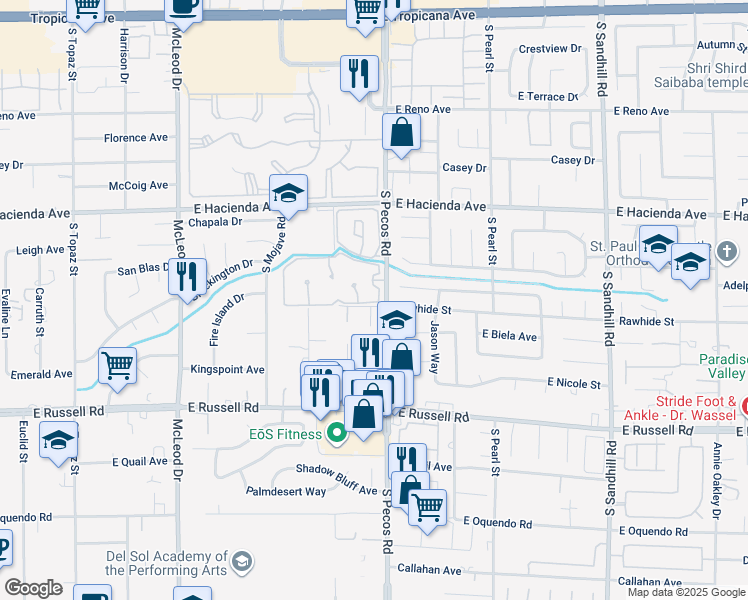 map of restaurants, bars, coffee shops, grocery stores, and more near 3390 Brookfield Drive in Las Vegas