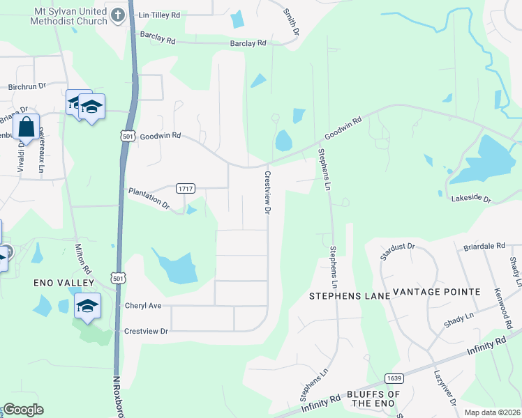 map of restaurants, bars, coffee shops, grocery stores, and more near 713 Crestview Drive in Durham