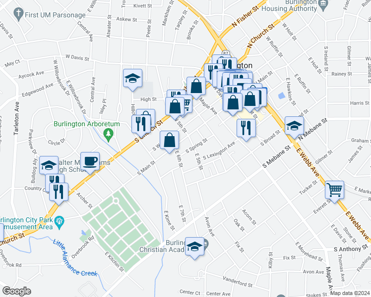 map of restaurants, bars, coffee shops, grocery stores, and more near 831 South Spring Street in Burlington