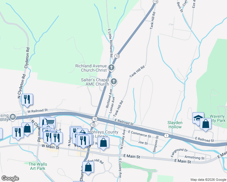 map of restaurants, bars, coffee shops, grocery stores, and more near 221 Lomax Avenue in Waverly