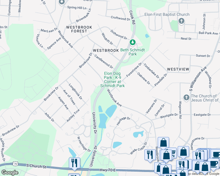 map of restaurants, bars, coffee shops, grocery stores, and more near 1322 Westbrook Avenue in Elon