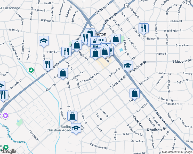 map of restaurants, bars, coffee shops, grocery stores, and more near 522 South Lexington Avenue in Burlington