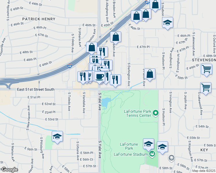 map of restaurants, bars, coffee shops, grocery stores, and more near 5077 East 51st Street South in Tulsa