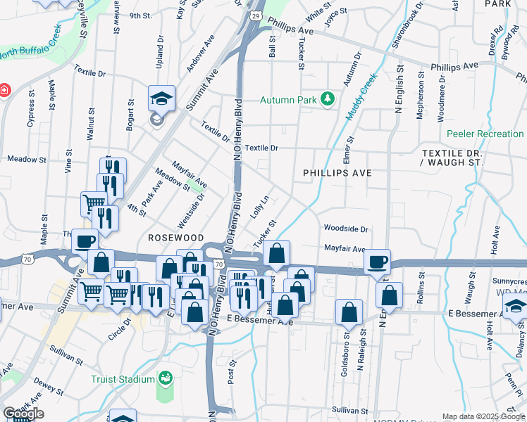 map of restaurants, bars, coffee shops, grocery stores, and more near 1220 Lolly Lane in Greensboro