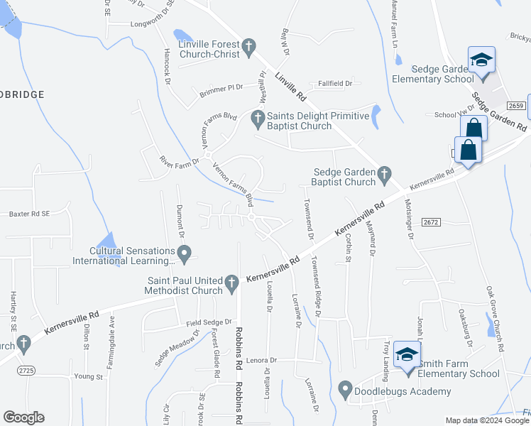 map of restaurants, bars, coffee shops, grocery stores, and more near 733 Popes Creek Road in Kernersville
