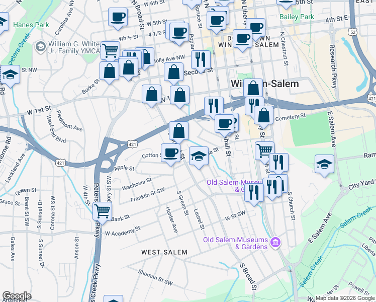 map of restaurants, bars, coffee shops, grocery stores, and more near 310 South Spring Street in Winston-Salem