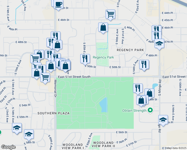 map of restaurants, bars, coffee shops, grocery stores, and more near 5040 South 87th East Avenue in Tulsa
