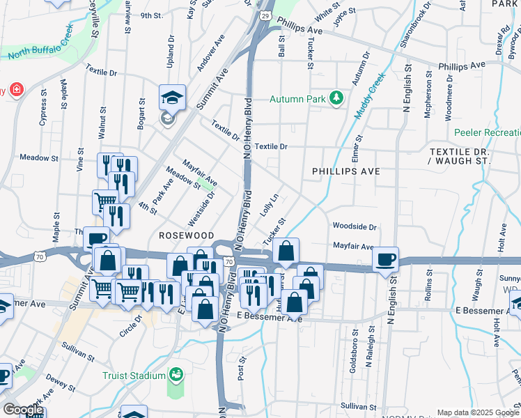map of restaurants, bars, coffee shops, grocery stores, and more near 1217 Lolly Lane in Greensboro