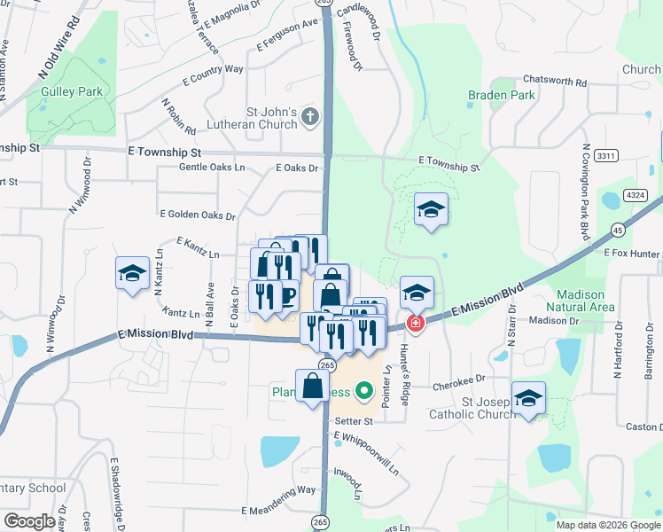 map of restaurants, bars, coffee shops, grocery stores, and more near 2146-2180 North Crossover Road in Fayetteville