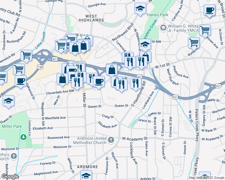 map of restaurants, bars, coffee shops, grocery stores, and more near 301 Medical Center Boulevard in Winston-Salem