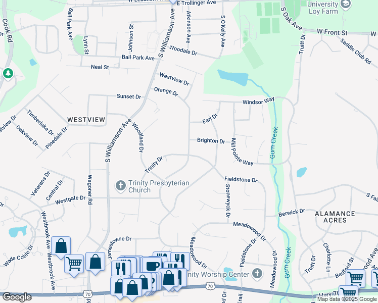 map of restaurants, bars, coffee shops, grocery stores, and more near Orange Drive in Elon