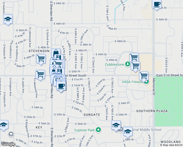 map of restaurants, bars, coffee shops, grocery stores, and more near 7022 East 50th Place in Tulsa