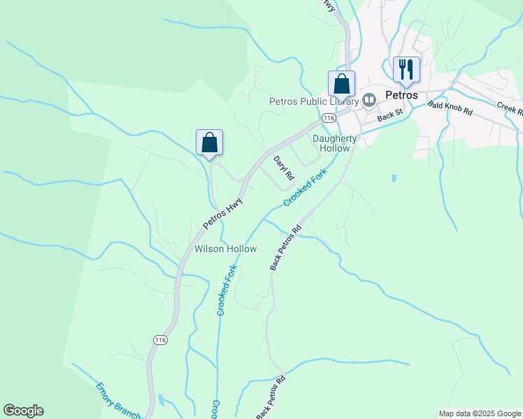 map of restaurants, bars, coffee shops, grocery stores, and more near 128 Darrell Drive in Oliver Springs
