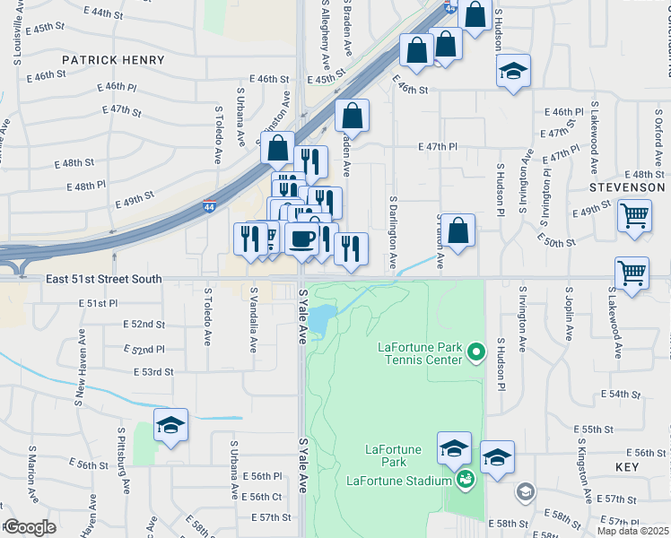 map of restaurants, bars, coffee shops, grocery stores, and more near 5077 East 51st Street South in Tulsa
