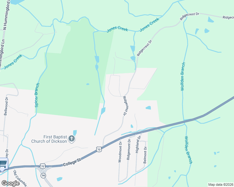 map of restaurants, bars, coffee shops, grocery stores, and more near 2001 Ridgecrest Circle in Dickson