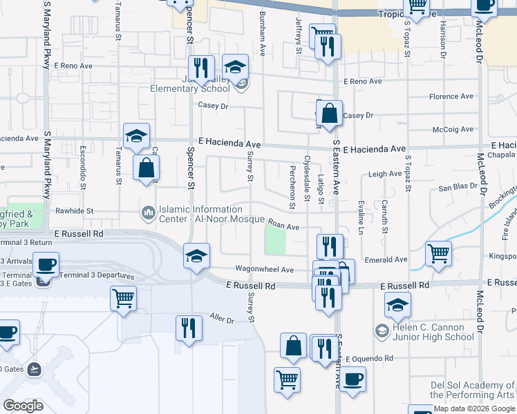 map of restaurants, bars, coffee shops, grocery stores, and more near 2095 Roan Avenue in Las Vegas