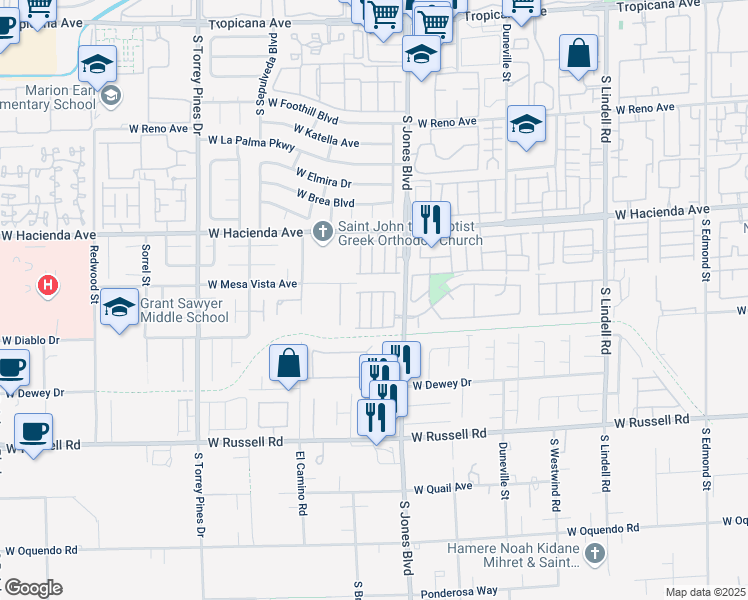 map of restaurants, bars, coffee shops, grocery stores, and more near 5473 South Jones Boulevard in Las Vegas